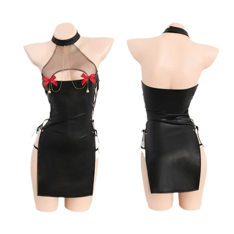 Image of Butterfly Rain, Halloween, Wild Devil, Patent Leather Strap Set, Temptation, Halterneck Nightclub, Cheongsam, Leaky Chest, Bow Cutout